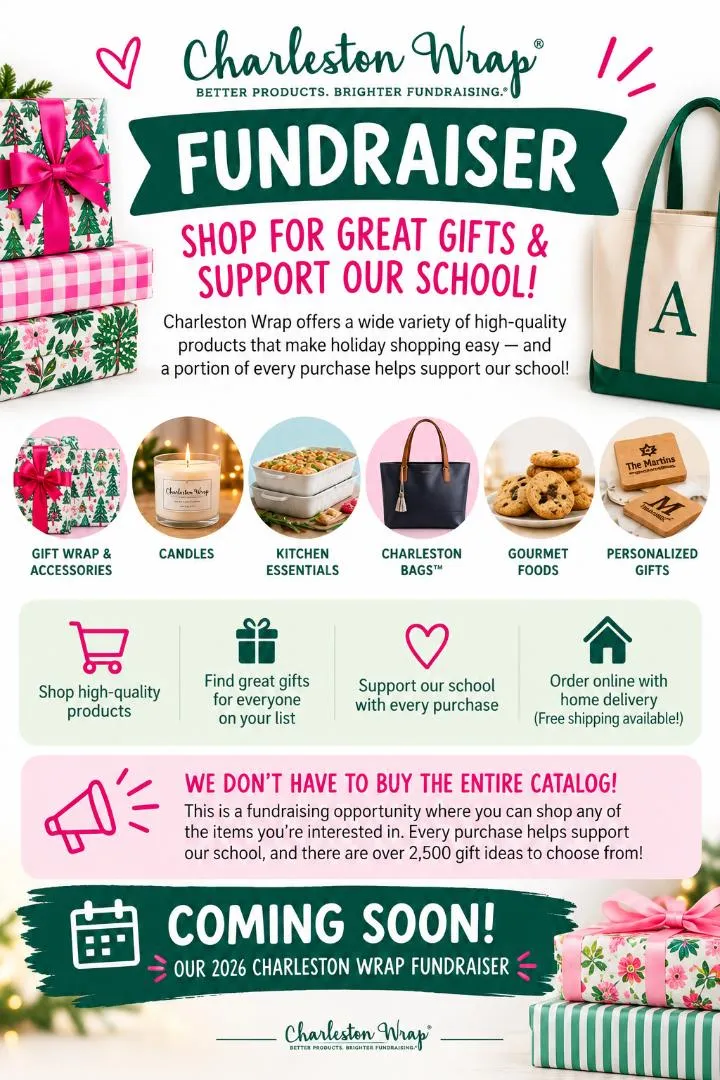 Charleston Wrap fundraiser products including gift wrap, candles, kitchen essentials, bags, gourmet foods, and personalized gifts