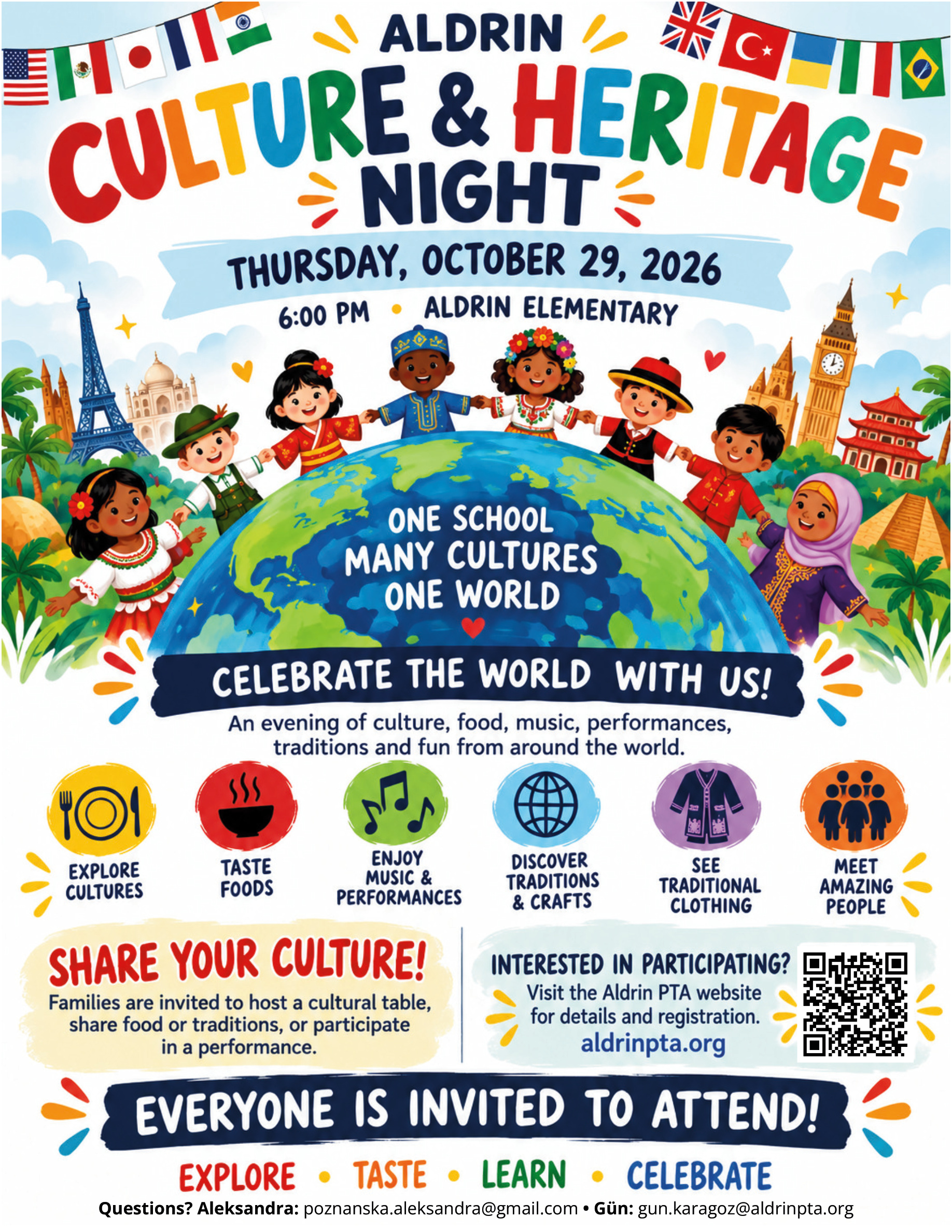 English poster for Aldrin Culture and Heritage Night on Thursday, October 29, 2026, from 6:00 PM at Aldrin Elementary. Everyone is invited.