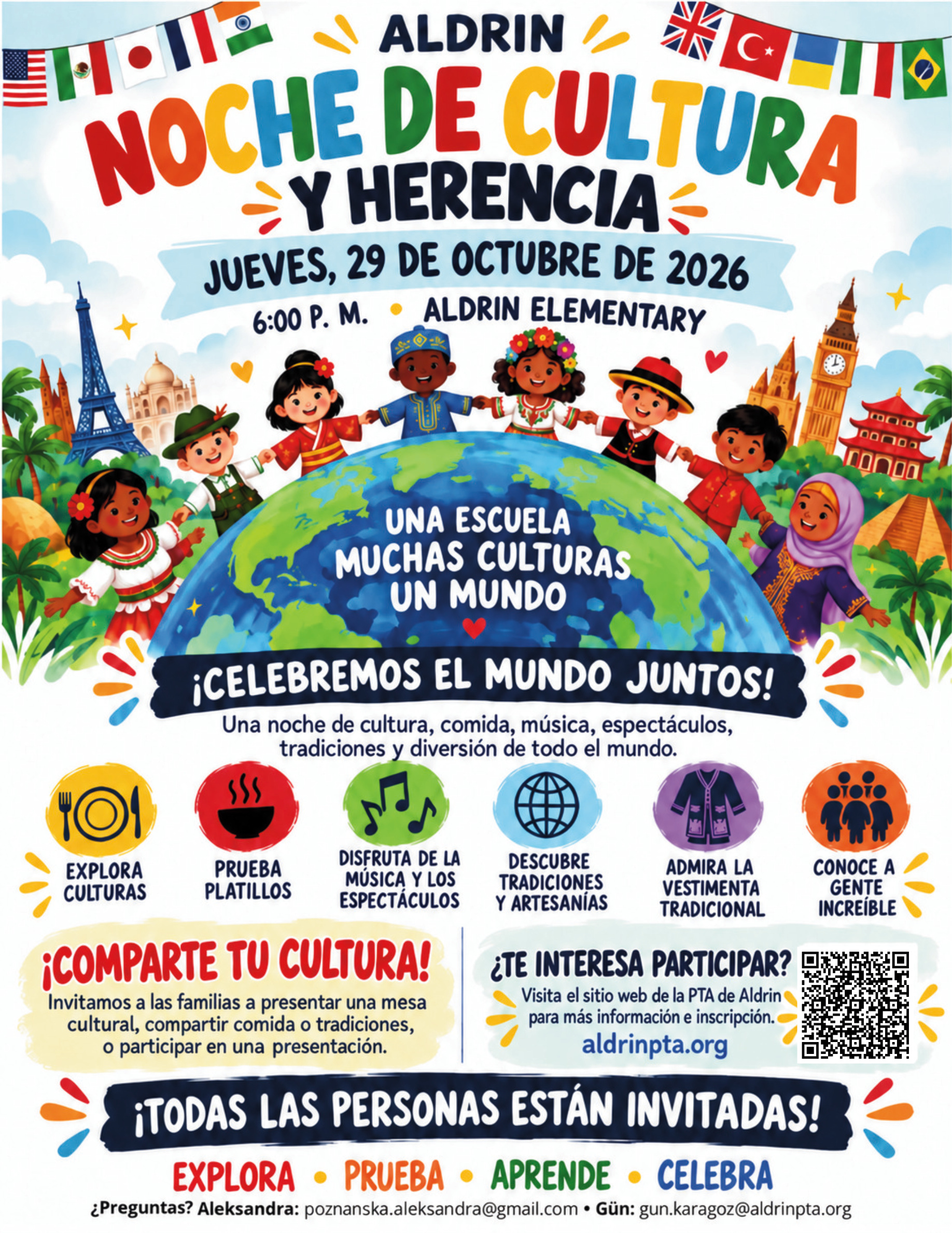 Spanish poster for Aldrin Noche de Cultura y Herencia on Thursday, October 29, 2026, at 6:00 PM at Aldrin Elementary. Everyone is invited.