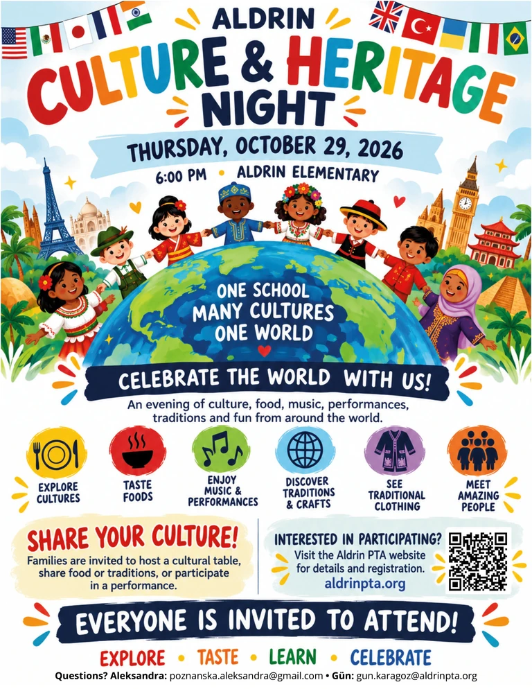 English poster for Aldrin Culture and Heritage Night on Thursday, October 29, 2026, from 6:00 PM at Aldrin Elementary. Everyone is invited.